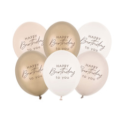 Balony 30 cm, Happy Birthday, mix beżowy (1 op. / 6 szt.)