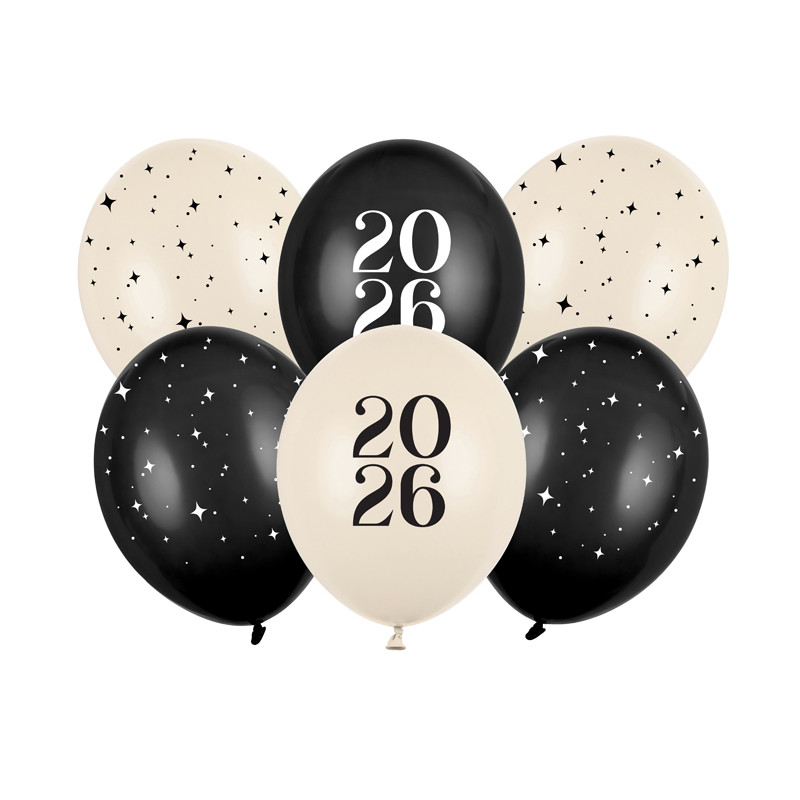 Balony 30 cm, Happy New Year 2026, Pastel Mix (1 op. / 6 szt.)