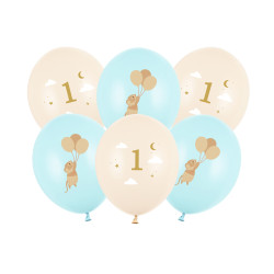 Balony 30 cm, Myszki z cyferką 1, Light Blue (1 op. / 6 szt.)