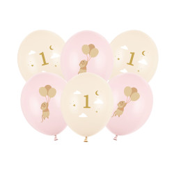 Balony 30 cm, Myszki z cyferką 1, Pale Pink (1 op. / 6 szt.)