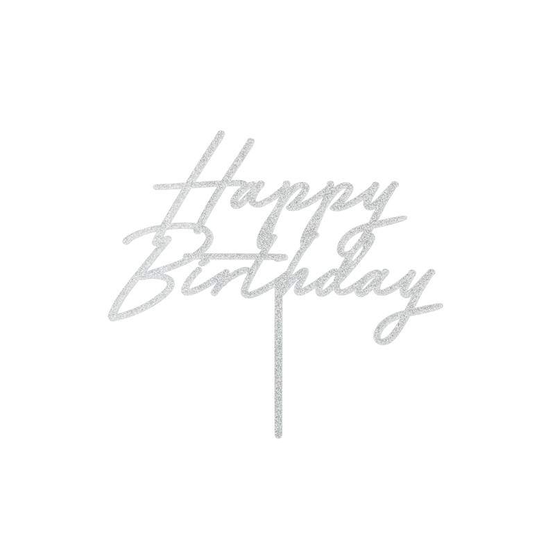 Topper akrylowy na tort Happy Birthday, 18x16.5 cm, srebrny brokatowy