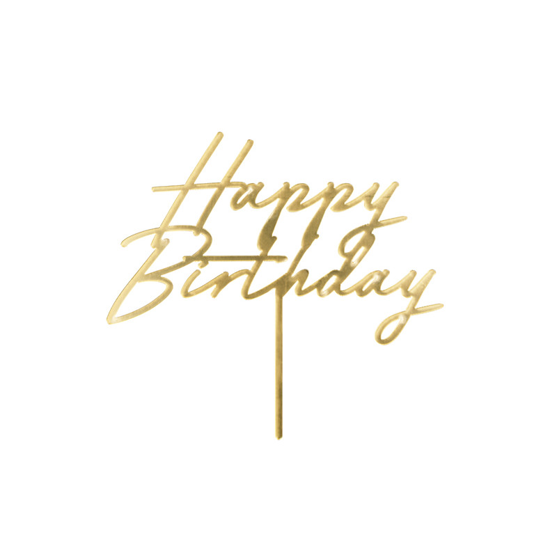 Topper akrylowy na tort Happy Birthday, 18x16.5 cm, złoty