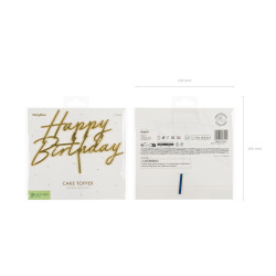 Topper akrylowy na tort Happy Birthday, 18x16.5 cm, złoty