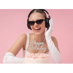 Topper akrylowy na tort Happy Birthday, 18x16.5 cm, srebrny brokatowy