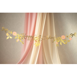 Baner Happy Birthday Kwiaty, różowo-złoty, 1.3m