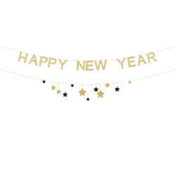 Baner Happy New Year z gwiazdkami, 300 cm, złoty