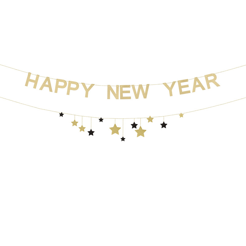 Baner Happy New Year z gwiazdkami, 300 cm, złoty