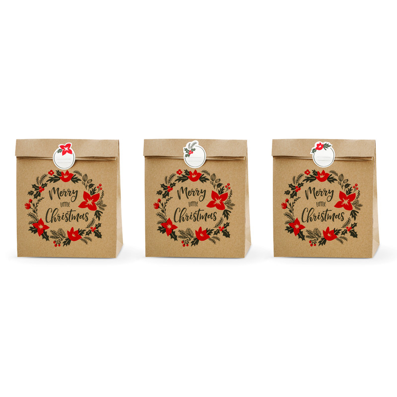 Torebki na prezenty Merry Little Christmas, kraft, 25x11x27cm (1 op. / 3 szt.)