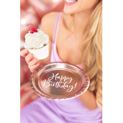 Talerzyki Happy Birthday!, różowe złoto, 18cm (1 op. / 6 szt.)