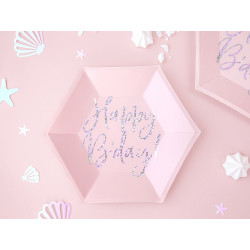 Talerzyki Happy B'day!, jasny pudrowy róż, 20cm (1 op. / 6 szt.)