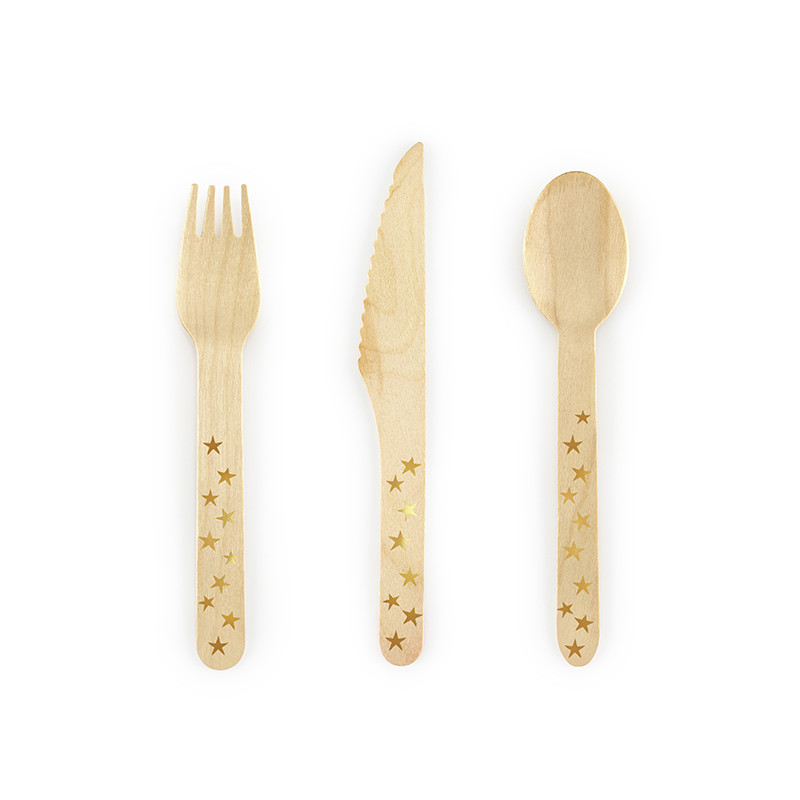 Sztućce drewniane Gwiazdki, złoty, 16cm (1 op. / 18 szt.)