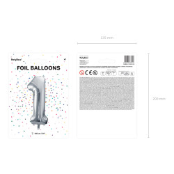 Balon foliowy Cyfra ''1'', 86cm, srebrny