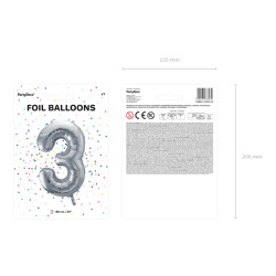 Balon foliowy Cyfra ''3'', 86cm, srebrny