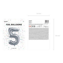 Balon foliowy Cyfra ''5'', 86cm, srebrny