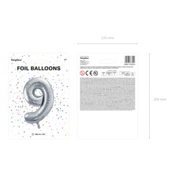 Balon foliowy Cyfra ''9'', 86cm, srebrny