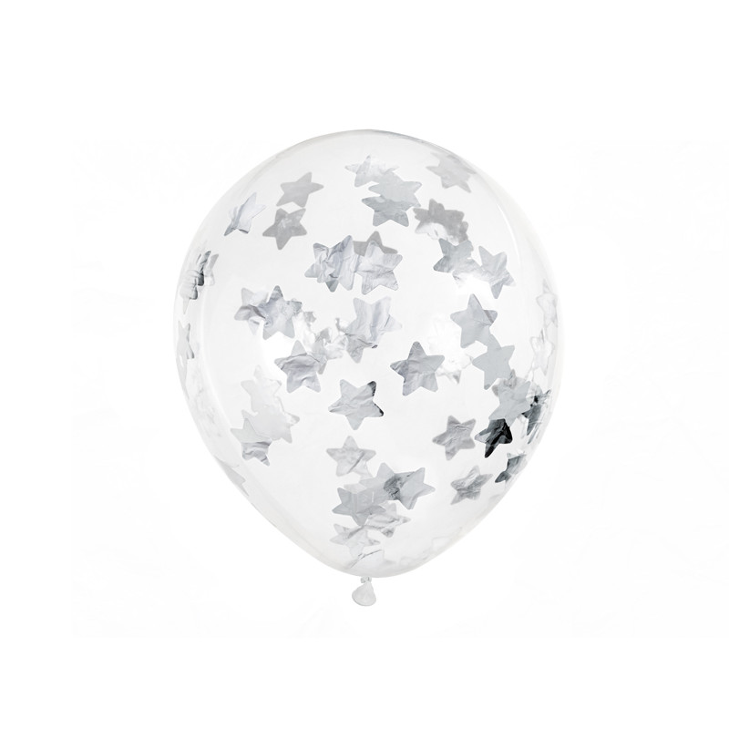 Balony z konfetti - gwiazdki, 30cm, srebrny (1 op. / 6 szt.)