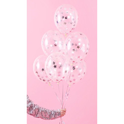 Balony z konfetti - gwiazdki, 30cm, srebrny (1 op. / 6 szt.)