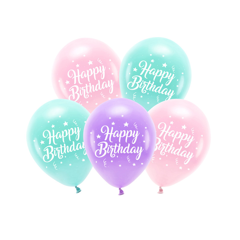 Balony Eco 26 cm, Happy Birthday, różowy (1 op. / 5 szt.)