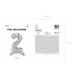 Stojący balon foliowy Cyfra ''2'', 70cm, srebrny