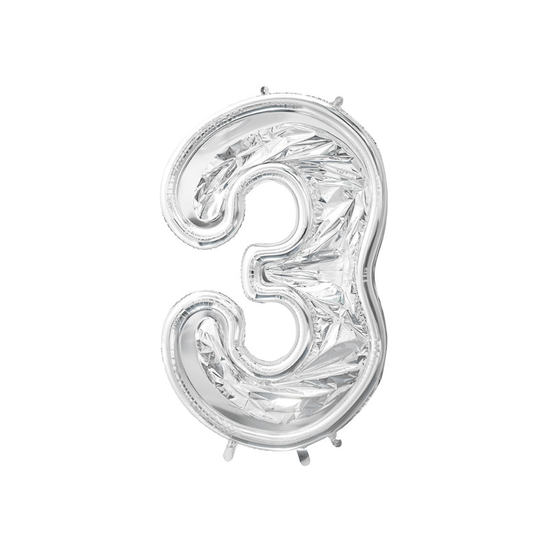 Forma Cyfra "3" dla balonów lateksowych, 126cm, srebrne błyszczące