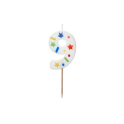 Świeczka urodzinowa Cyfra "9", biała konfetti, 5.5cm