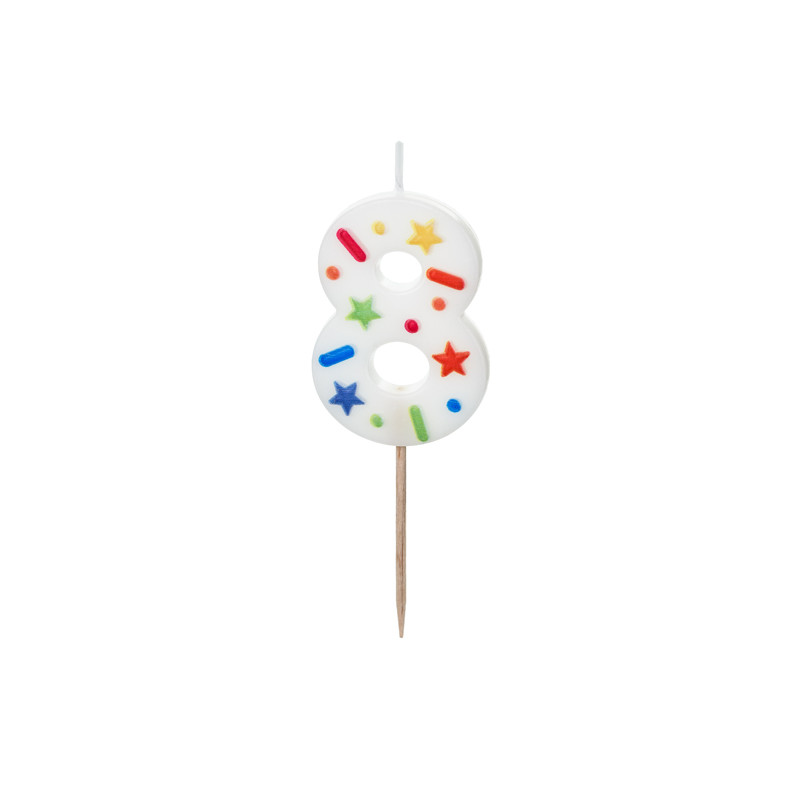 Świeczka urodzinowa Cyfra "8", biała konfetti, 5.5cm