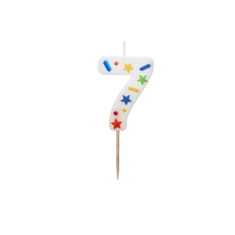 Świeczka urodzinowa Cyfra "7", biała konfetti, 5.5cm