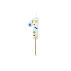 Świeczka urodzinowa Cyfra "1", biała konfetti, 5.5cm