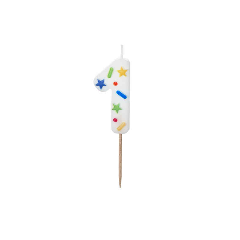 Świeczka urodzinowa Cyfra "1", biała konfetti, 5.5cm