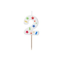 Świeczka urodzinowa Cyfra "2", biała konfetti, 5.5cm