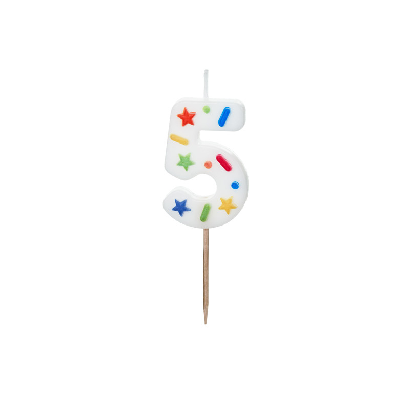 Świeczka urodzinowa Cyfra "5", biała konfetti, 5.5cm
