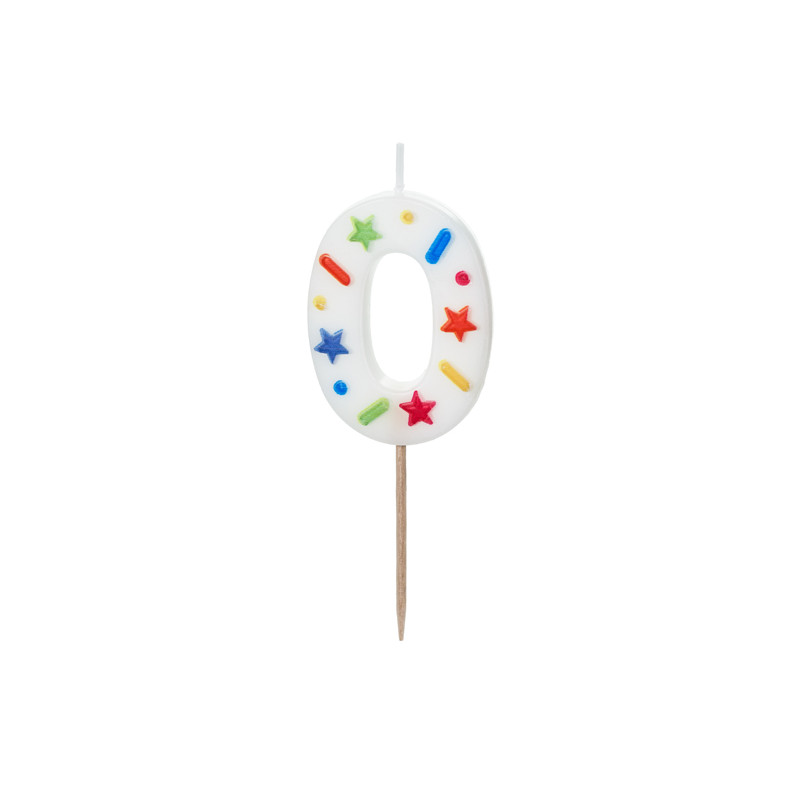 Świeczka urodzinowa Cyfra "0", biała konfetti, 5.5cm