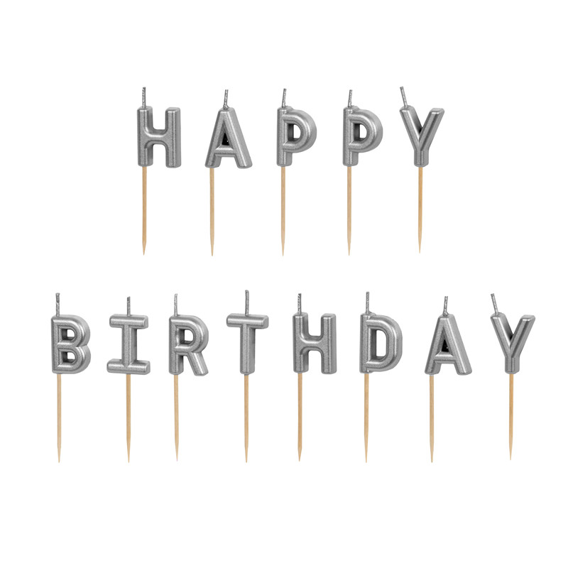 Świeczki urodzinowe Happy Birthday, 2.5 cm, srebrny (1 op. / 13 szt.)