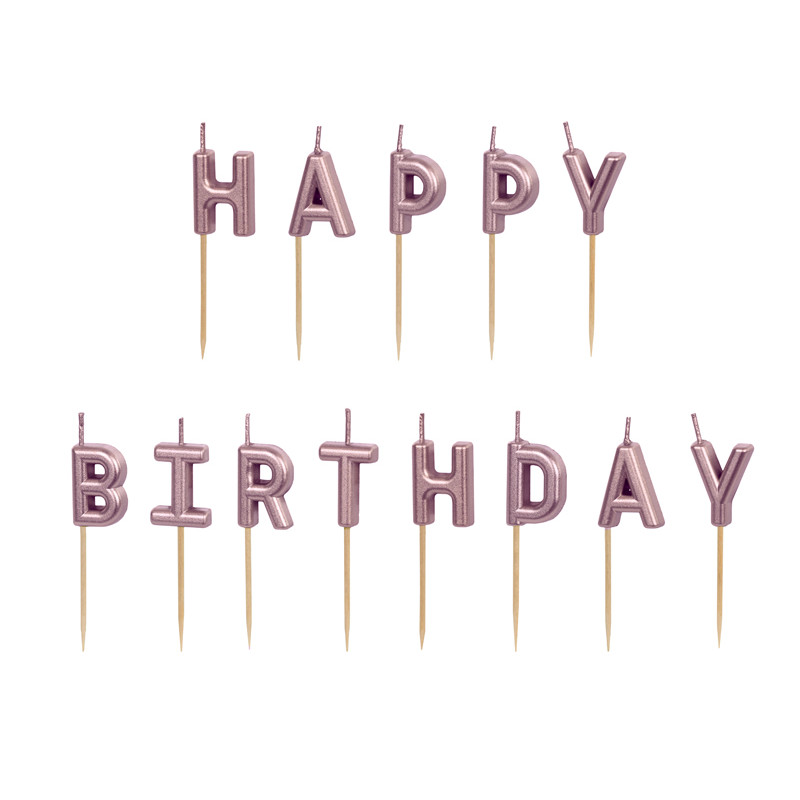 Świeczki urodzinowe Happy Birthday, 2.5 cm, różowe złoto (1 op. / 13 szt.)