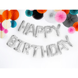 Balon foliowy Happy Birthday, 340x35cm, srebrny