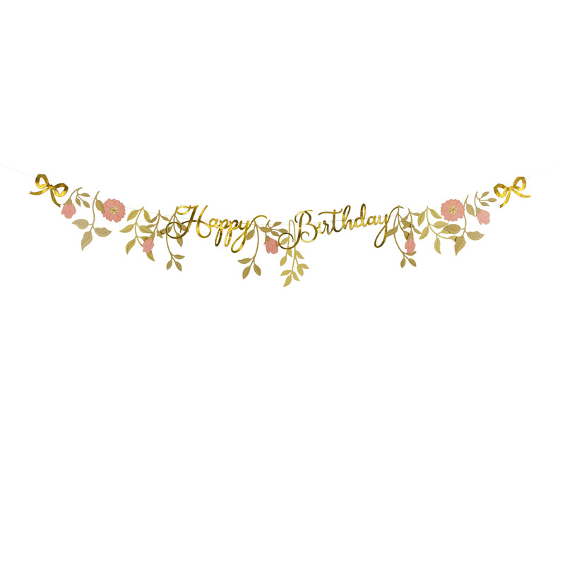 Baner Happy Birthday Kwiaty, różowo-złoty, 1.3m