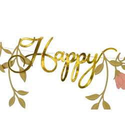 Baner Happy Birthday Kwiaty, różowo-złoty, 1.3m