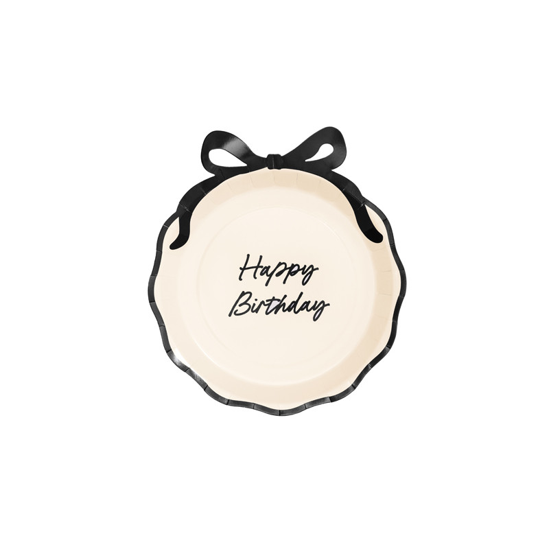 Talerzyki papierowe Happy Birthday z kokardką, mix, 24 cm (1 op. / 6 szt.)